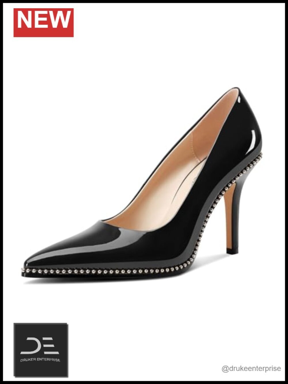 Stiletto Mid Heel Pointed Toe Pumps Slip-on Silver Beaded Patent Leather Prom